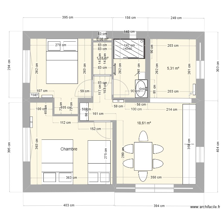 Maison Bains 140. Plan de 6 pièces et 44 m2