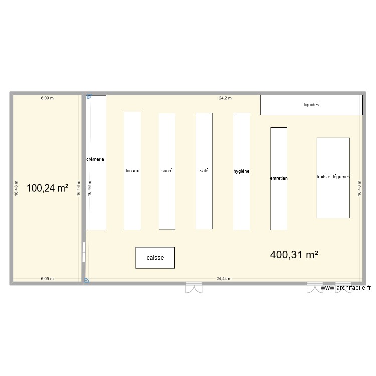 épicerie BIO. Plan de 2 pièces et 501 m2