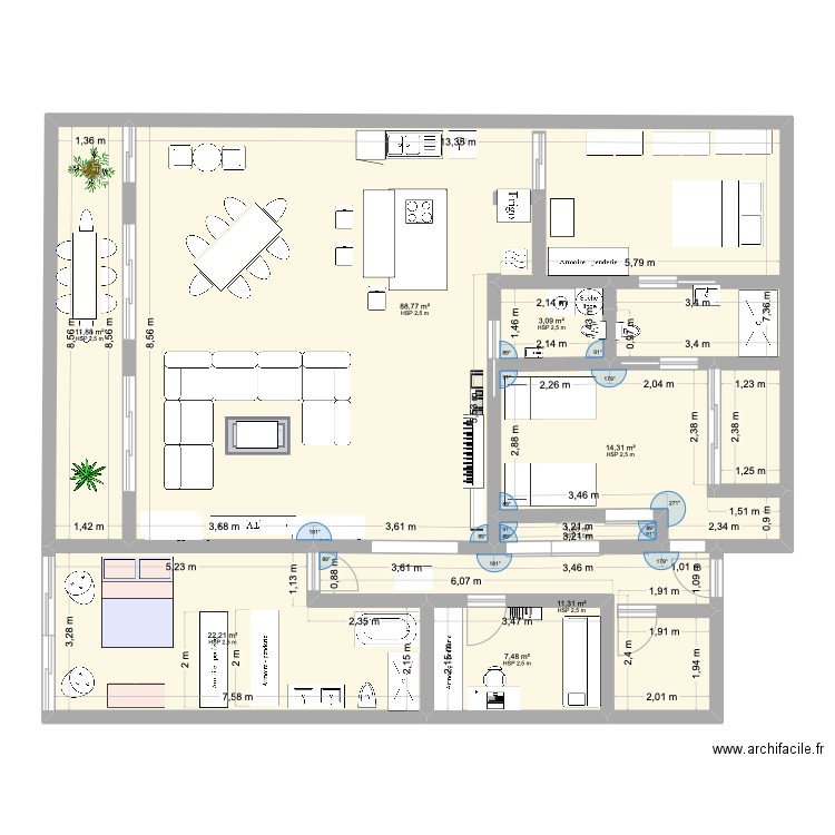 6AB. Plan de 8 pièces et 160 m2