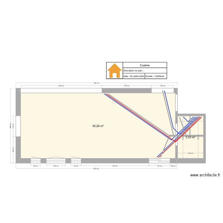 Cuisine Finalisée Plomberie. Plan de 2 pièces et 34 m2