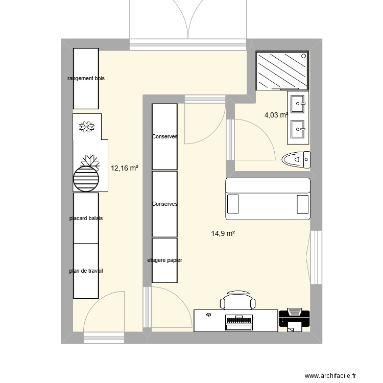 Amenagement bureau. Plan de 3 pièces et 31 m2