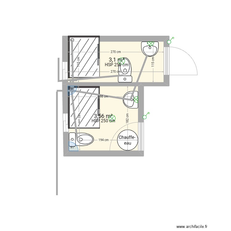 Salle de bain . Plan de 2 pièces et 7 m2