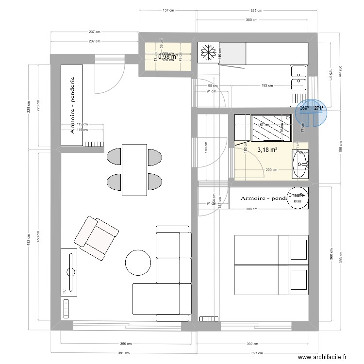 Ste marie. Plan de 2 pièces et 4 m2