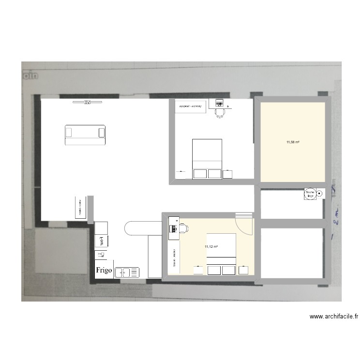 a2 en cassant murs. Plan de 2 pièces et 23 m2