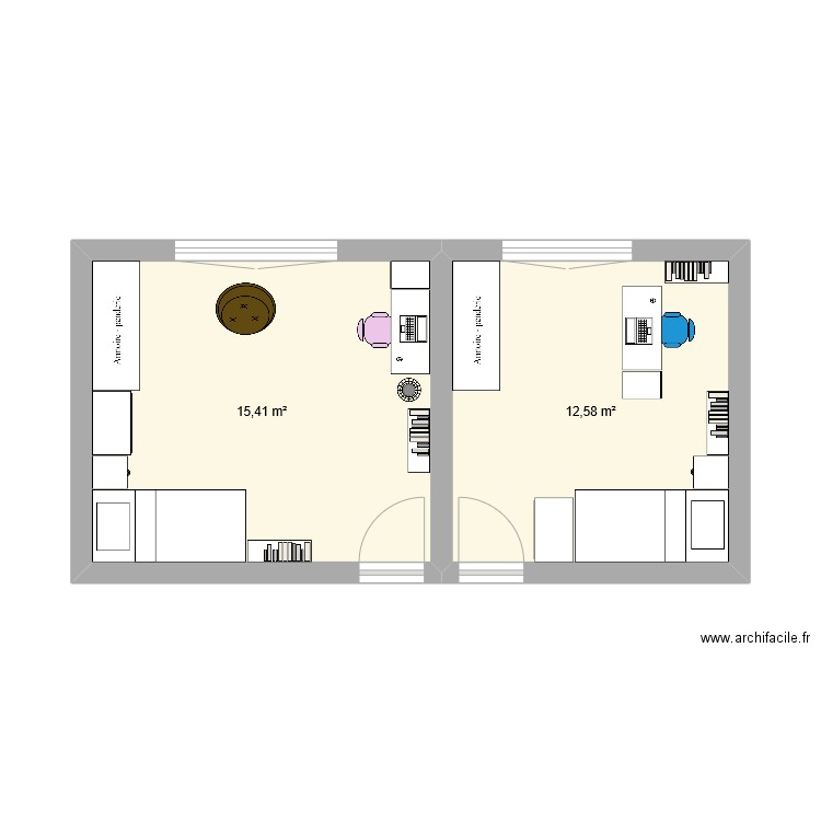 chambre H. Plan de 2 pièces et 28 m2