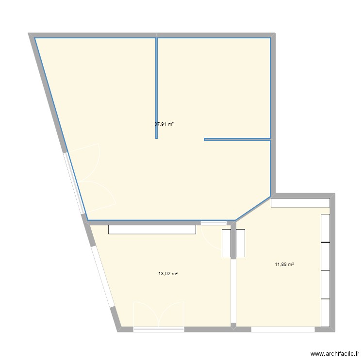 para n. Plan de 3 pièces et 63 m2