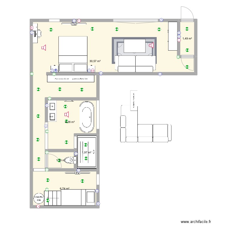 suite final SANS PORTE. Plan de 6 pièces et 48 m2