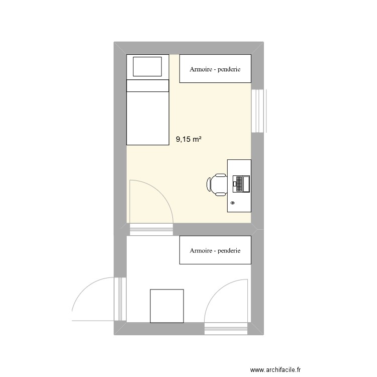 Chambre2. Plan de 1 pièce et 9 m2