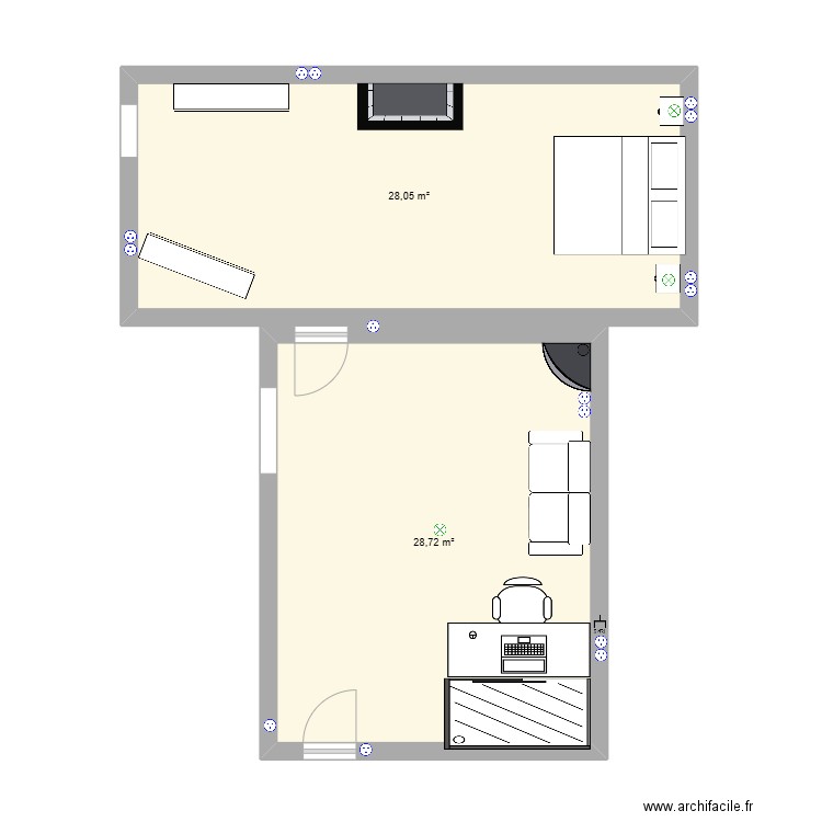 obk. Plan de 2 pièces et 57 m2