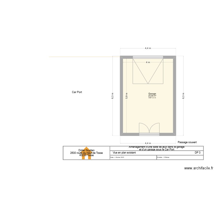 Vue plan du garage et Car Port existant. Plan de 1 pièce et 24 m2