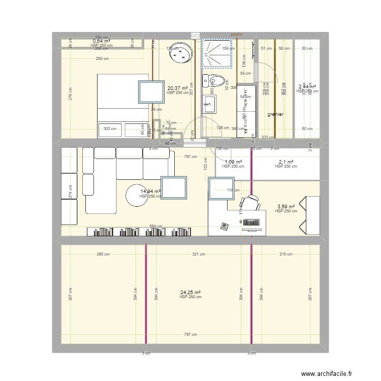 2eme étage sdeb dans chbre 3. Plan de 8 pièces et 69 m2