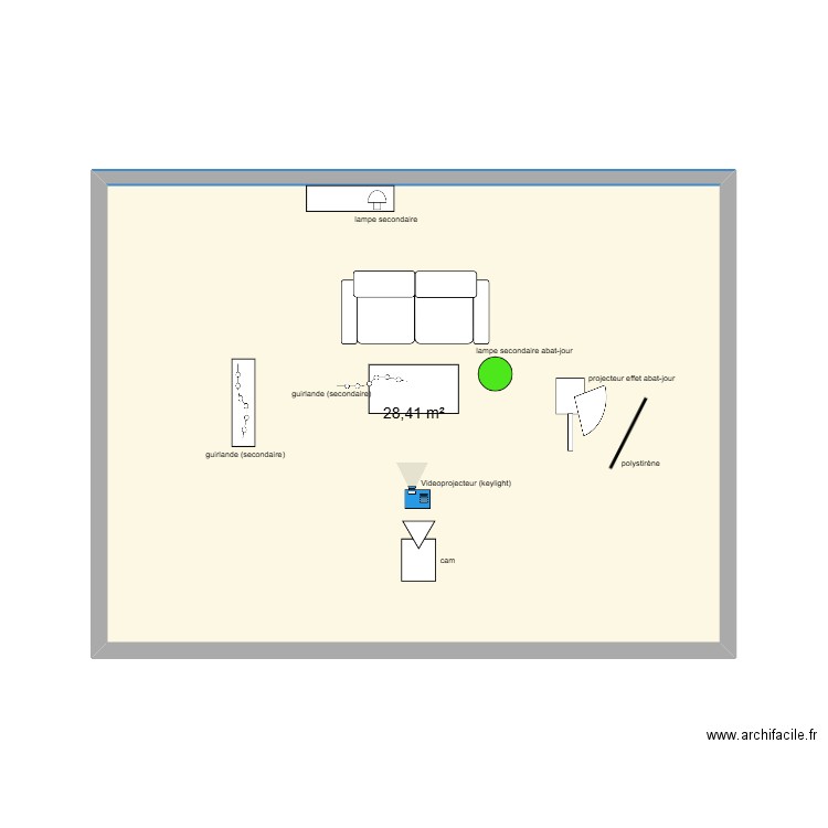 Shéma implantation lumière A+B. Plan de 1 pièce et 28 m2