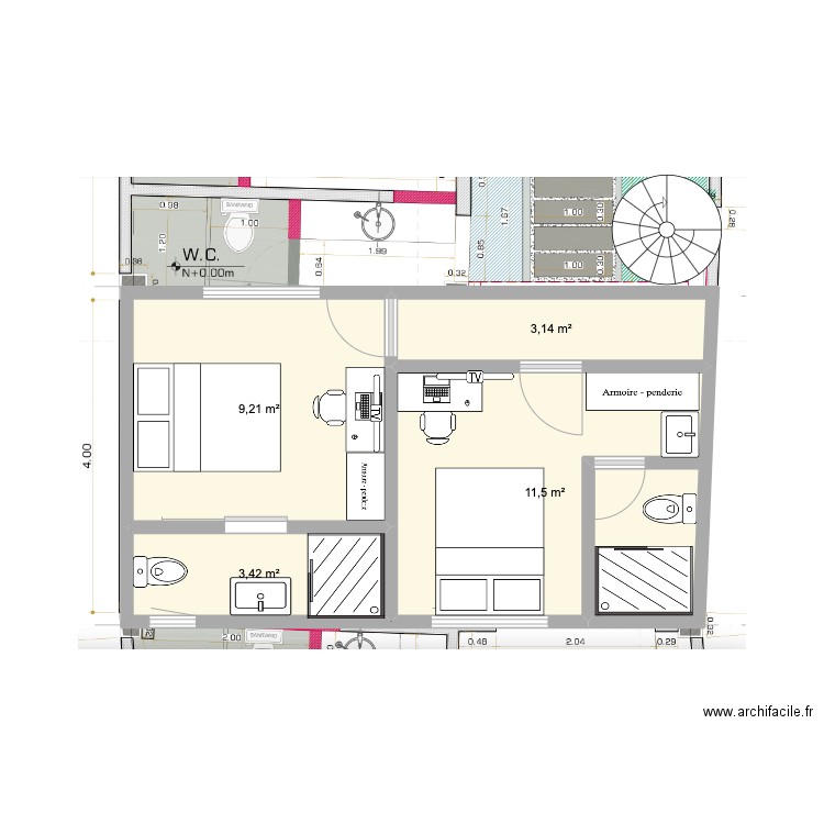 entrada. Plan de 4 pièces et 27 m2