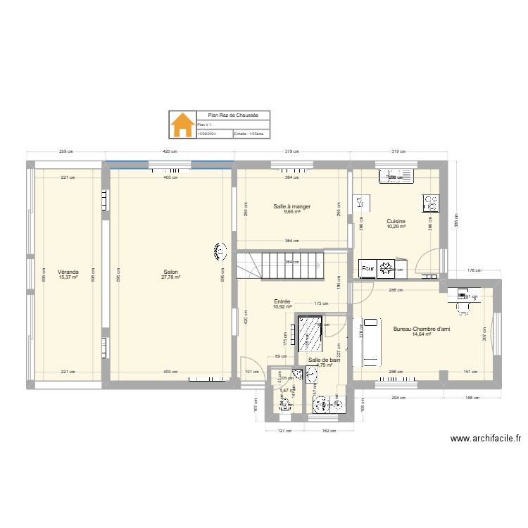 P1-RdC-v1. Plan de 8 pièces et 95 m2