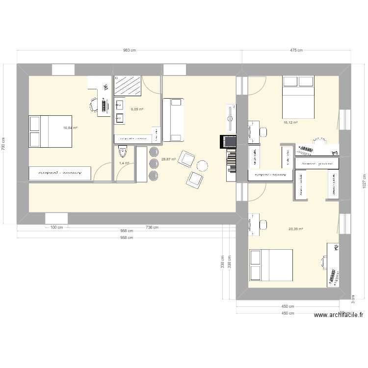 etage disneyland. Plan de 6 pièces et 90 m2