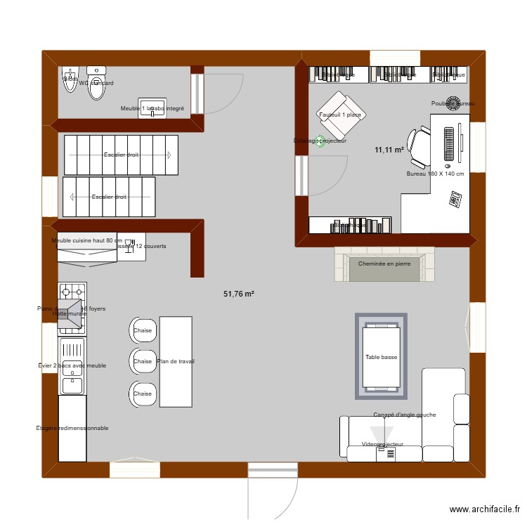 RDC. Plan de 2 pièces et 63 m2