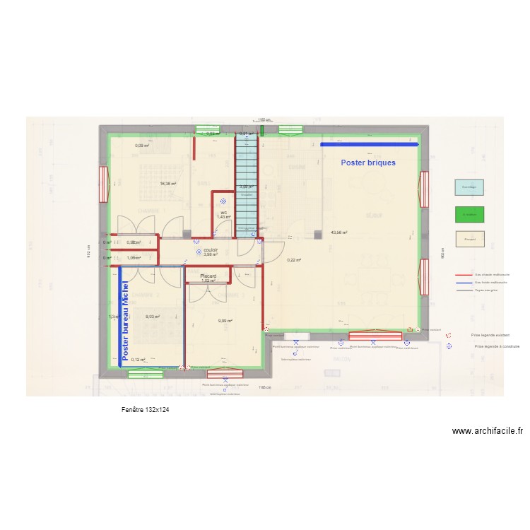 ETAGE_peintures. Plan de 18 pièces et 92 m2