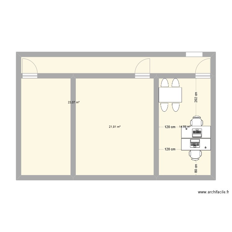 Bureau. Plan de 3 pièces et 60 m2