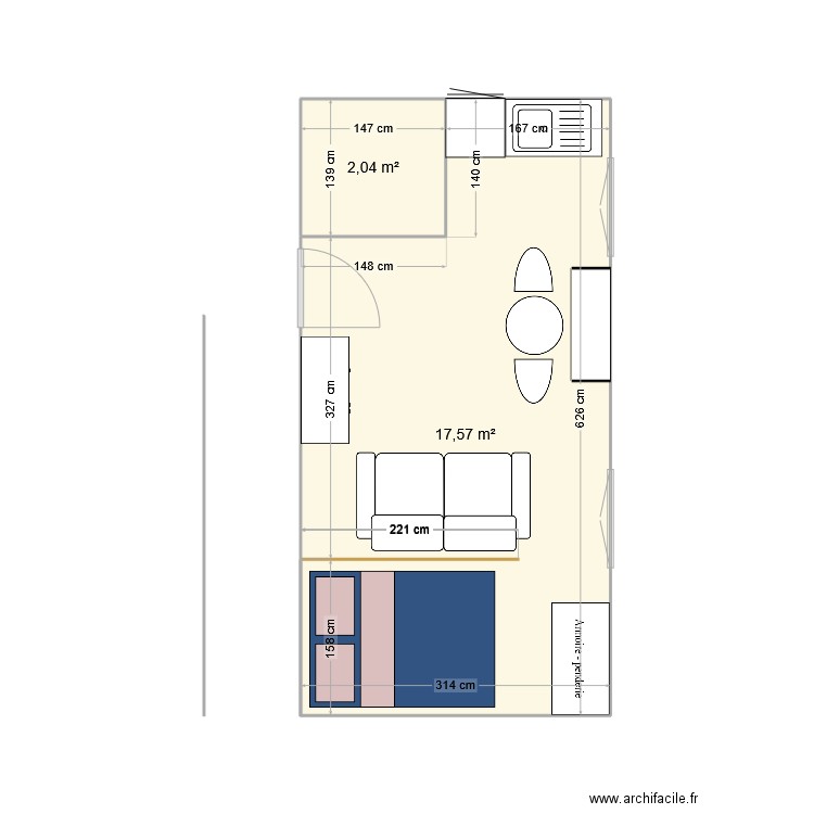 Studio. Plan de 2 pièces et 20 m2