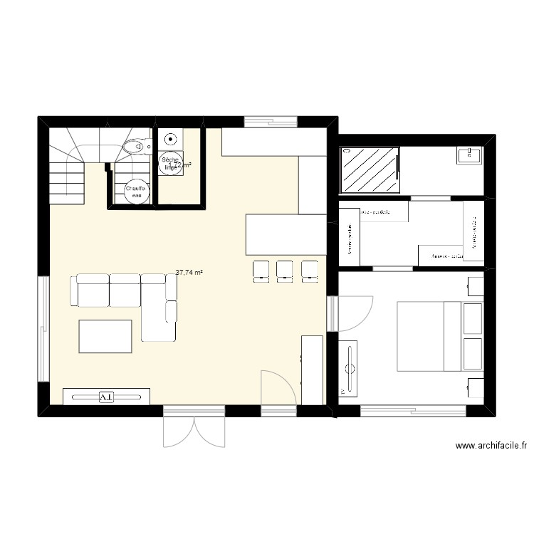 RDC maison. Plan de 2 pièces et 39 m2