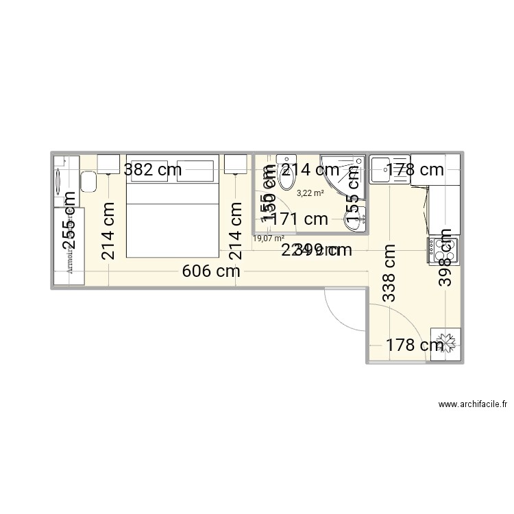 nani3. Plan de 2 pièces et 22 m2