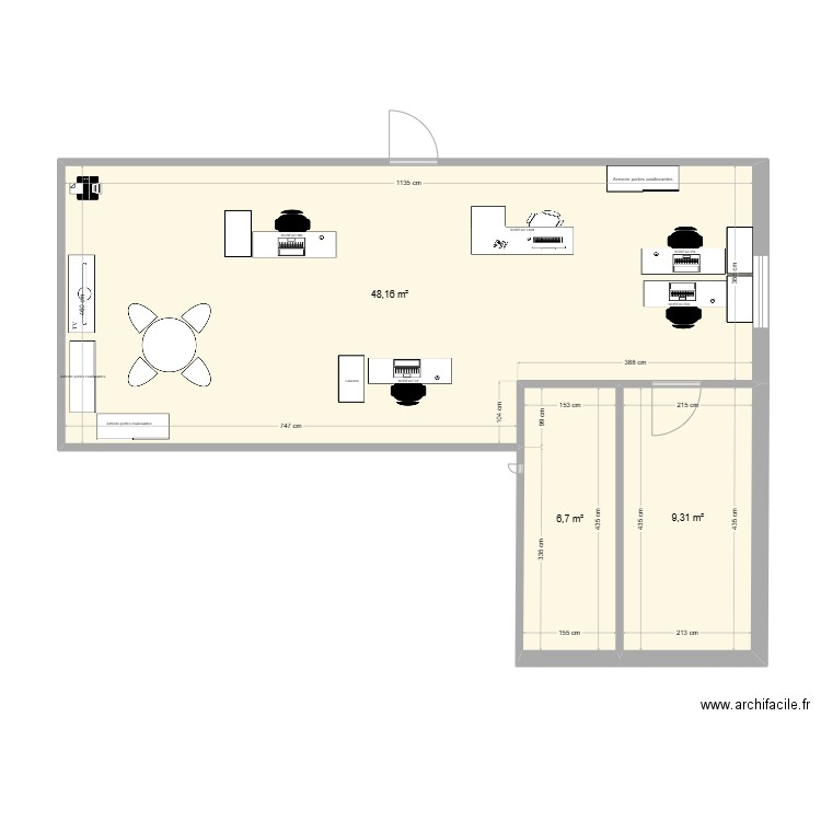 bureau travail. Plan de 3 pièces et 64 m2