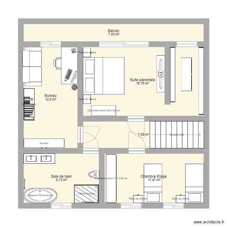 sucé Etage1. Plan de 6 pièces et 67 m2