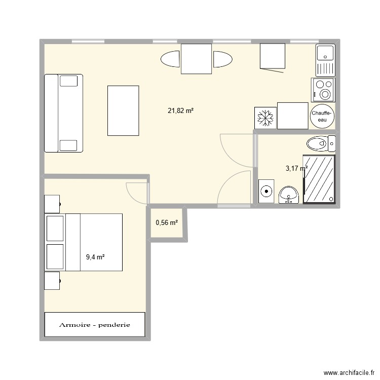 Vierge5. Plan de 4 pièces et 35 m2