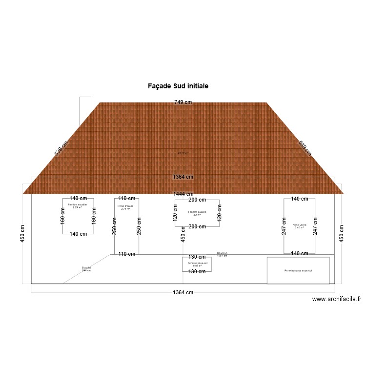 façade Sud initiale. Plan de 0 pièce et 0 m2