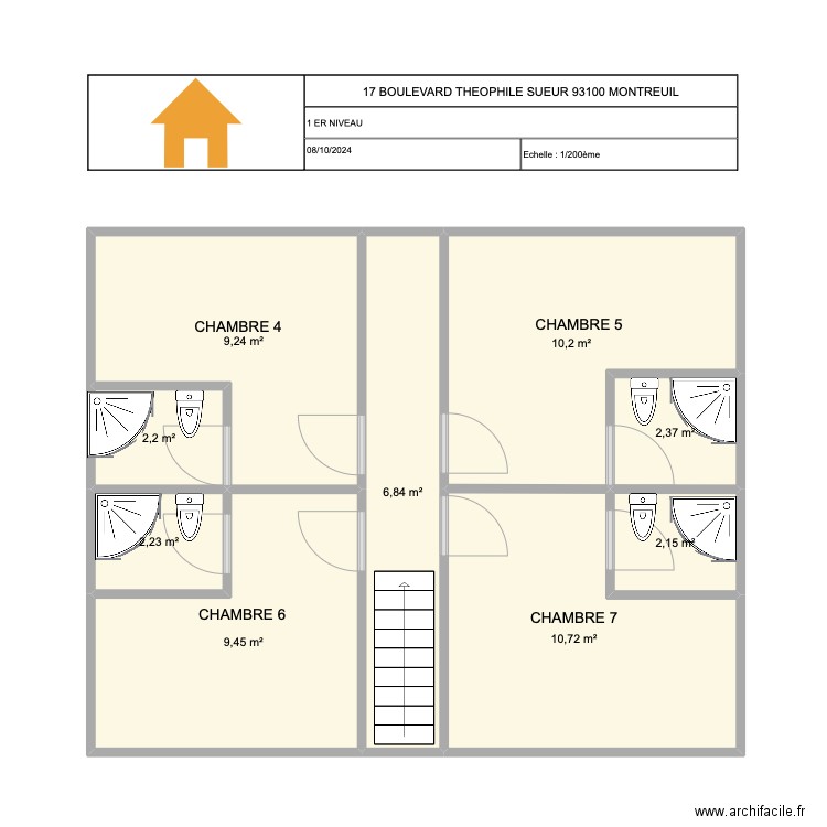 montreuil theophile 17 1 niveau. Plan de 9 pièces et 55 m2