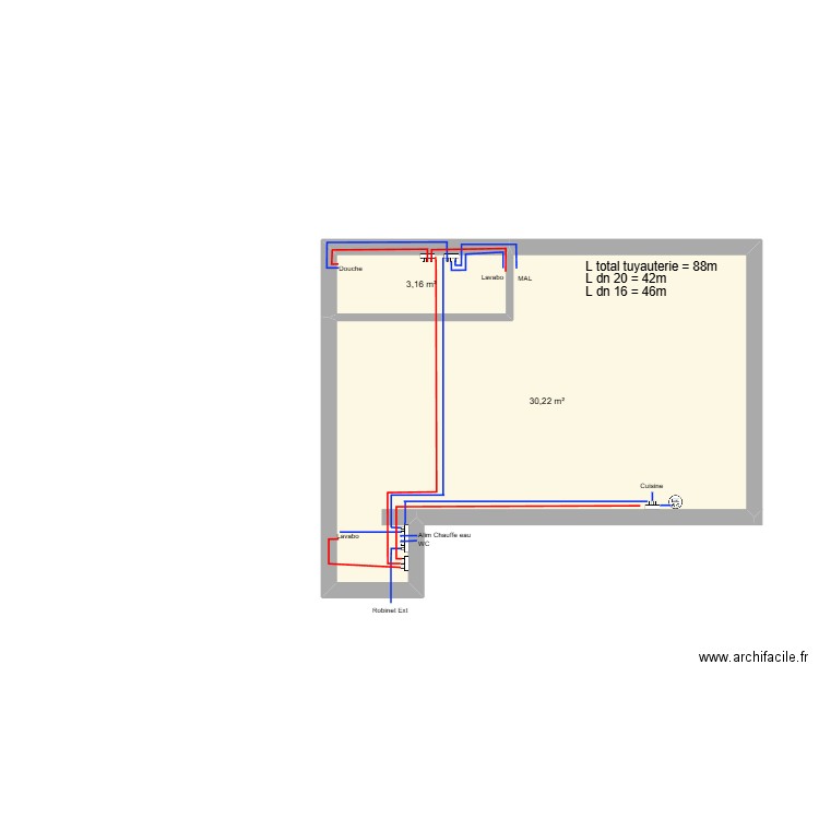 Felix Faure. Plan de 2 pièces et 33 m2