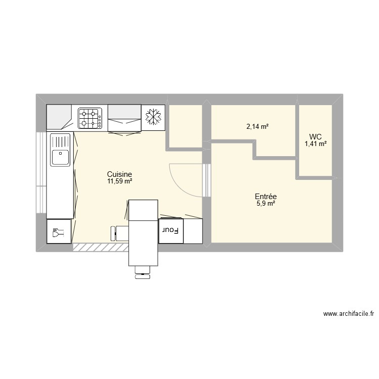 Cuisine rénovation. Plan de 5 pièces et 22 m2