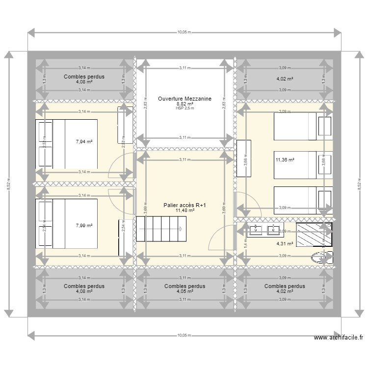 Combles Cleder. Plan de 11 pièces et 72 m2