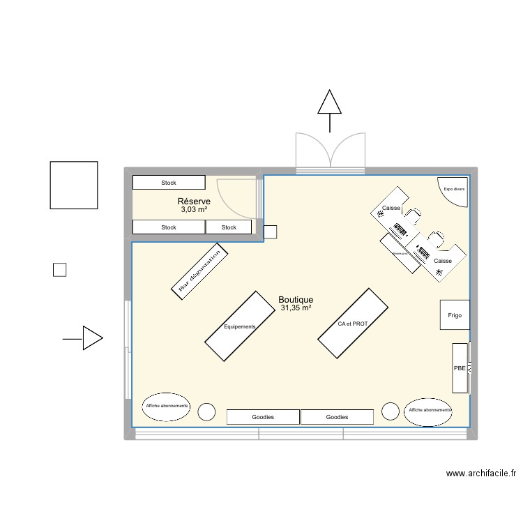 boutique Power+. Plan de 2 pièces et 33 m2