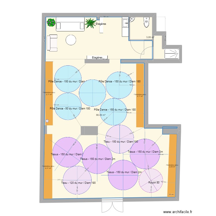 Pôle Dance. Plan de 2 pièces et 90 m2