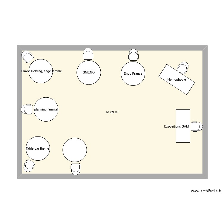 Hall des tables. Plan de 1 pièce et 62 m2