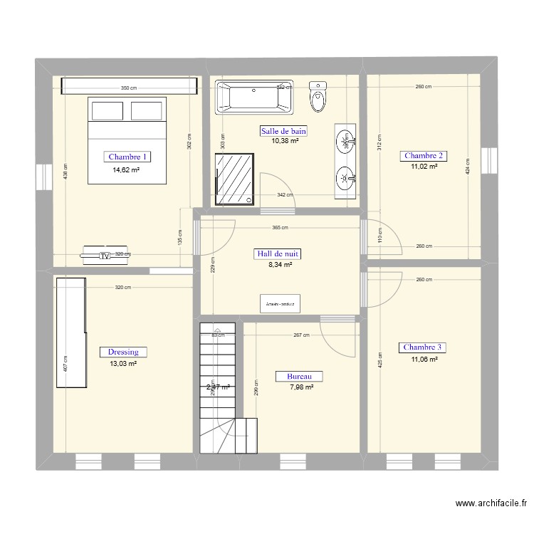 Maison Cheneau étage. Plan de 8 pièces et 79 m2