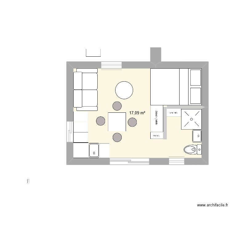 studio sde allongée. Plan de 1 pièce et 17 m2