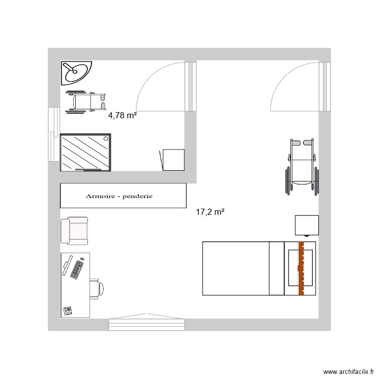 chambre. Plan de 2 pièces et 22 m2