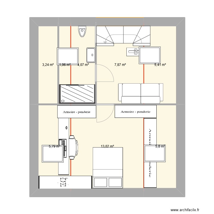 comble v1 sdb jardin. Plan de 8 pièces et 47 m2