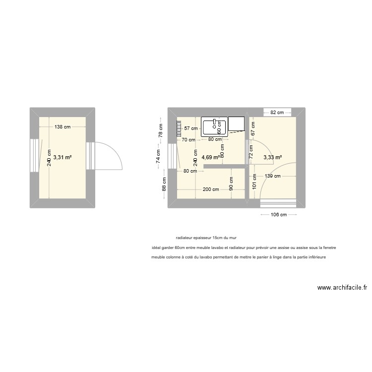 salle de bain. Plan de 3 pièces et 11 m2