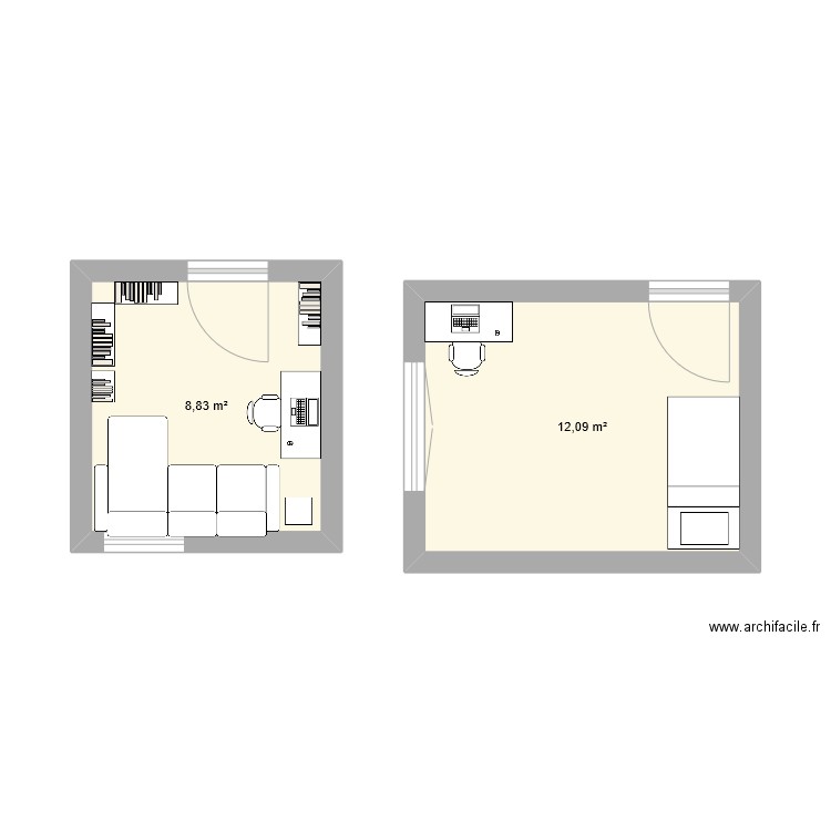 Bureau/chambres amis. Plan de 2 pièces et 21 m2