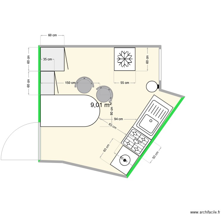 Reby. Plan de 1 pièce et 9 m2