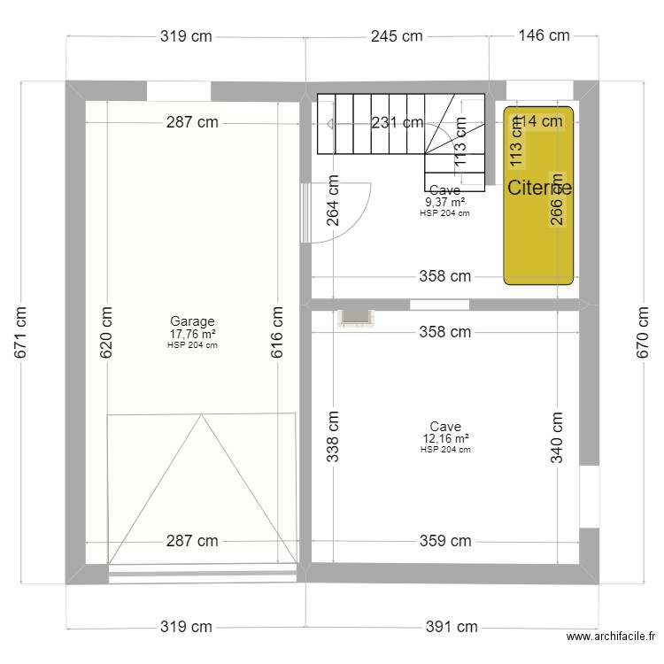 plan Sous-sol citerne. Plan de 3 pièces et 39 m2