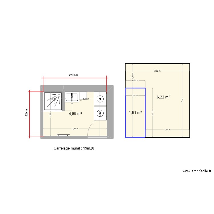 salle de bain. Plan de 3 pièces et 13 m2