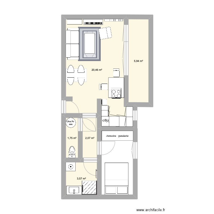 Poètes. Plan de 5 pièces et 34 m2