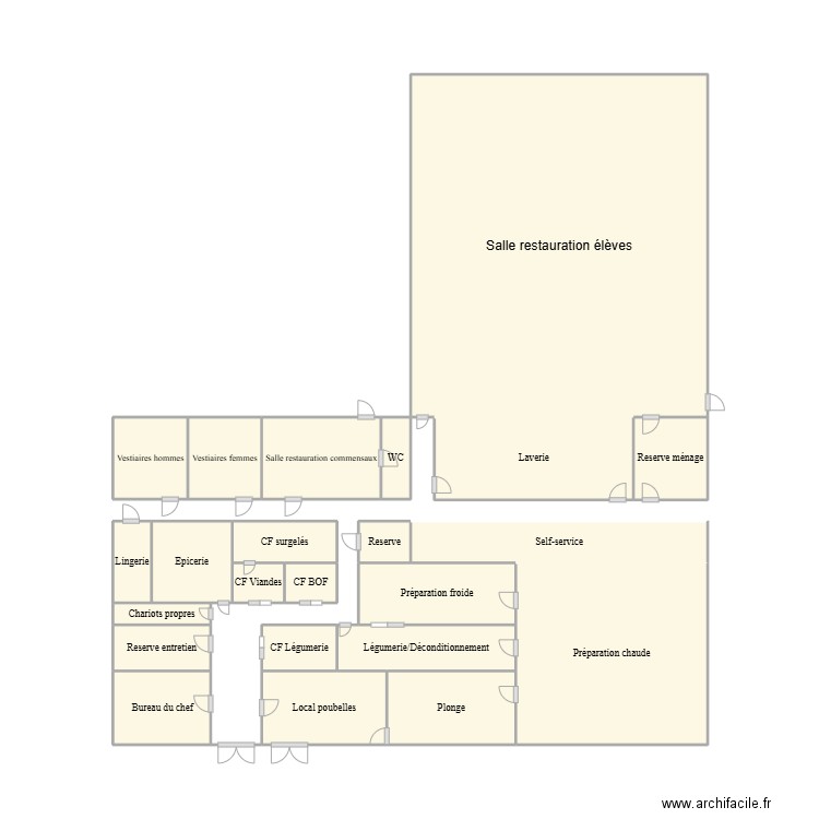 Cuisine du collège. Plan de 23 pièces et 48 m2