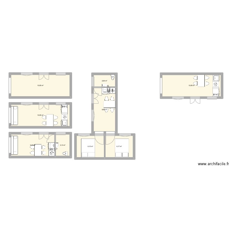 Modules. Plan de 9 pièces et 77 m2