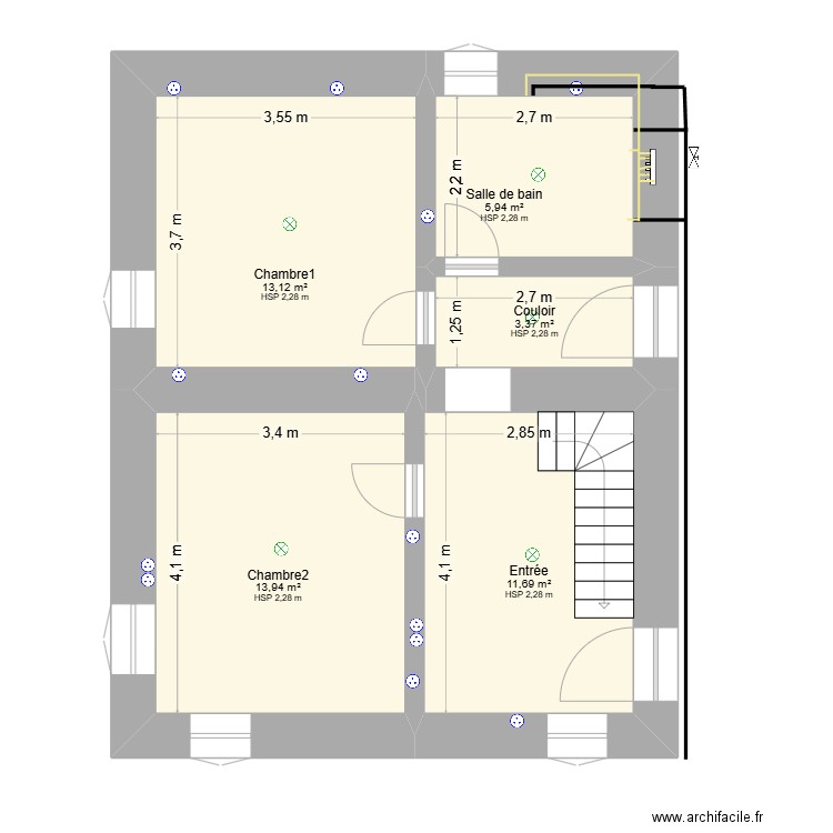 Appartement étage 1. Plan de 5 pièces et 48 m2