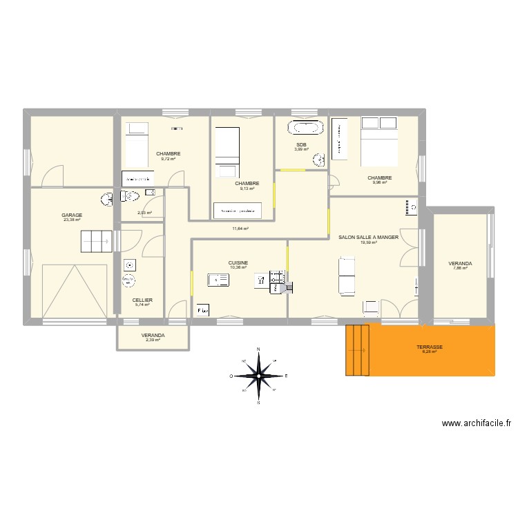 Maison. Plan de 13 pièces et 122 m2